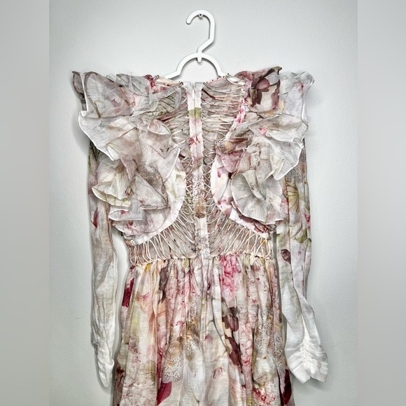 NWT Zimmermann Dancer Laced Midi Ruffled Floral Print Linen And Silk Size 0 - Picture 8 of 13